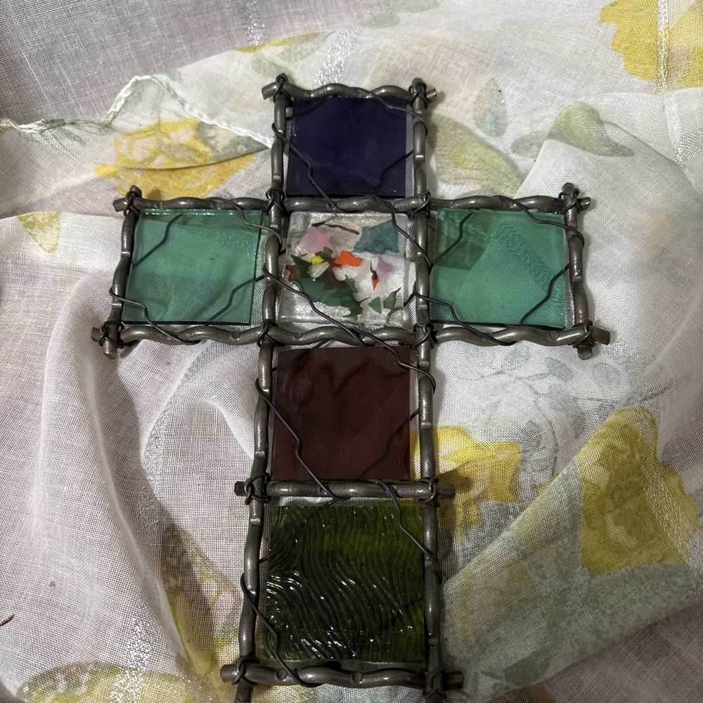 Metal Framed‎ Cross With Stained Glass" 9" X 6.5"